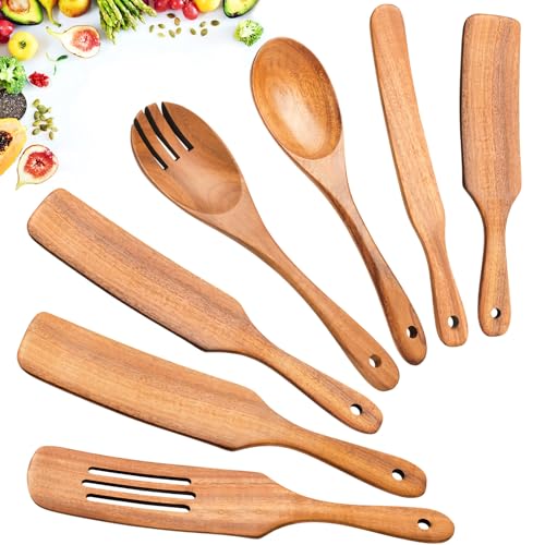 ICSTI Spurtles Kitchen Tools Wooden, 7Pcs Wooden Spoons for Cooking, Natural Premium Spatula Set, Heat Resistant Cooking Utensil for Nonstick Cookware, Spurtle for Sourdough Starter - Image 1