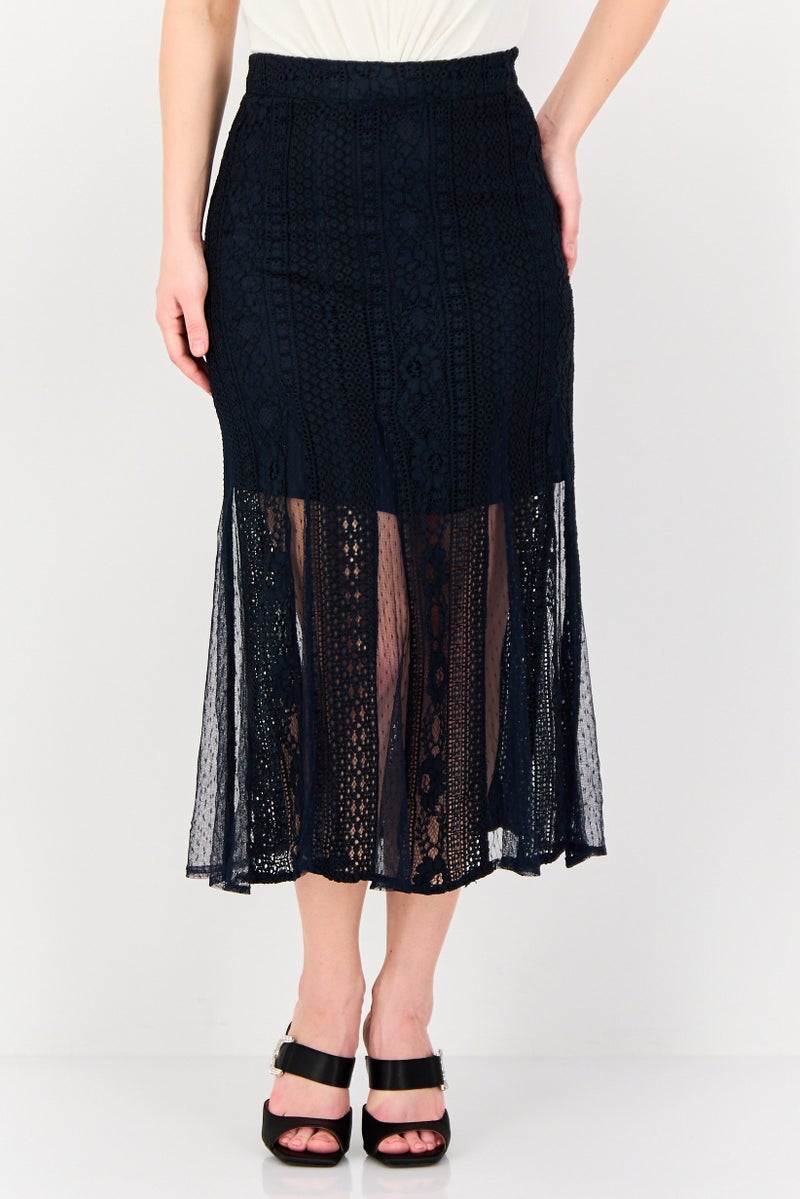 SELECTED Women Textured Midi Skirt, Navy - Image 1