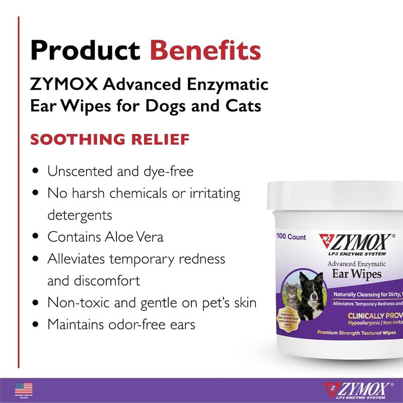 Zymox Advanced Enzymatic Ear Wipes for Dogs and Cats - for Dirty, Waxy, Smelly Ears - Premium Strength Ear Cleaner Wipes - Non-Irritating - Hypoallergenic - 100 ct - Image 2