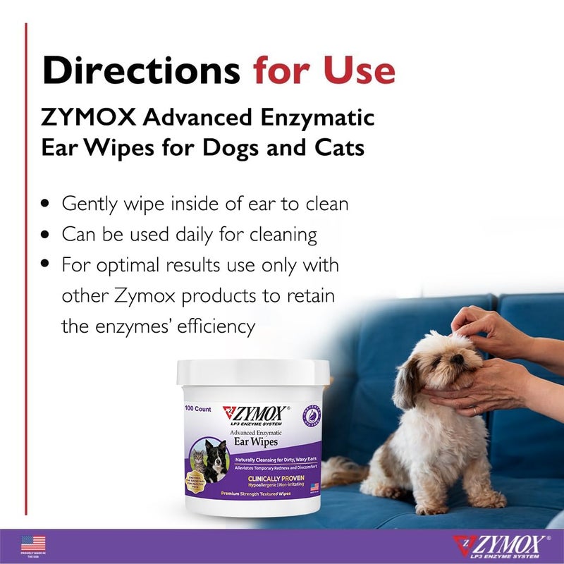 Zymox Advanced Enzymatic Ear Wipes for Dogs and Cats - for Dirty, Waxy, Smelly Ears - Premium Strength Ear Cleaner Wipes - Non-Irritating - Hypoallergenic - 100 ct - Image 3