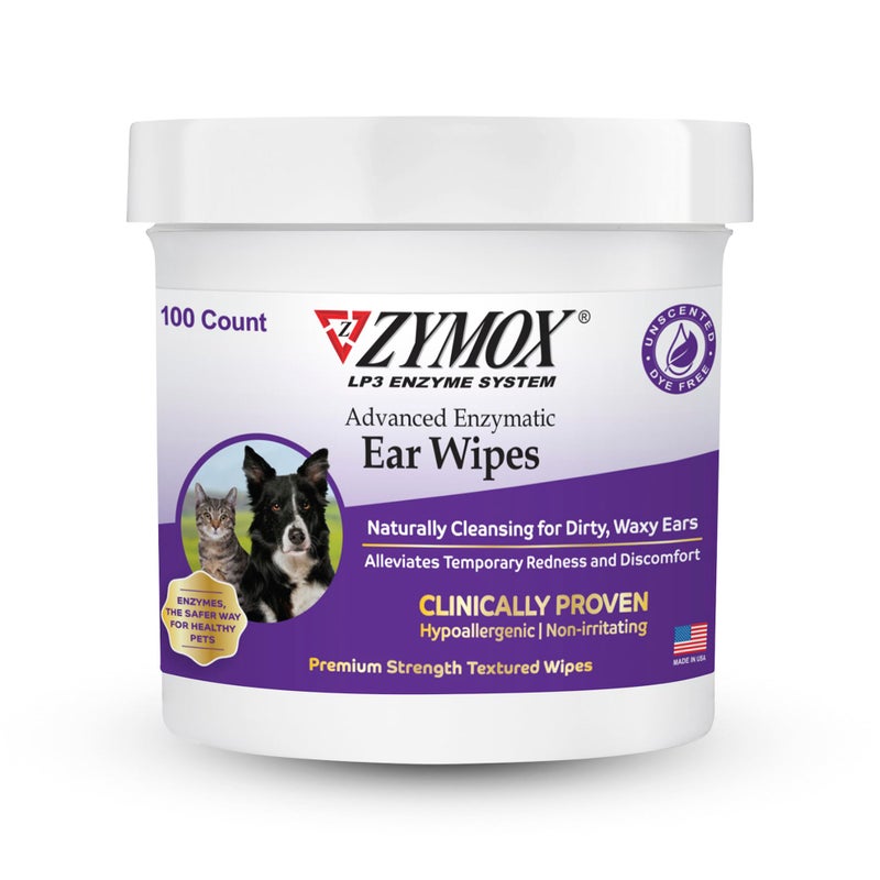 Zymox Advanced Enzymatic Ear Wipes for Dogs and Cats - for Dirty, Waxy, Smelly Ears - Premium Strength Ear Cleaner Wipes - Non-Irritating - Hypoallergenic - 100 ct - Image 1