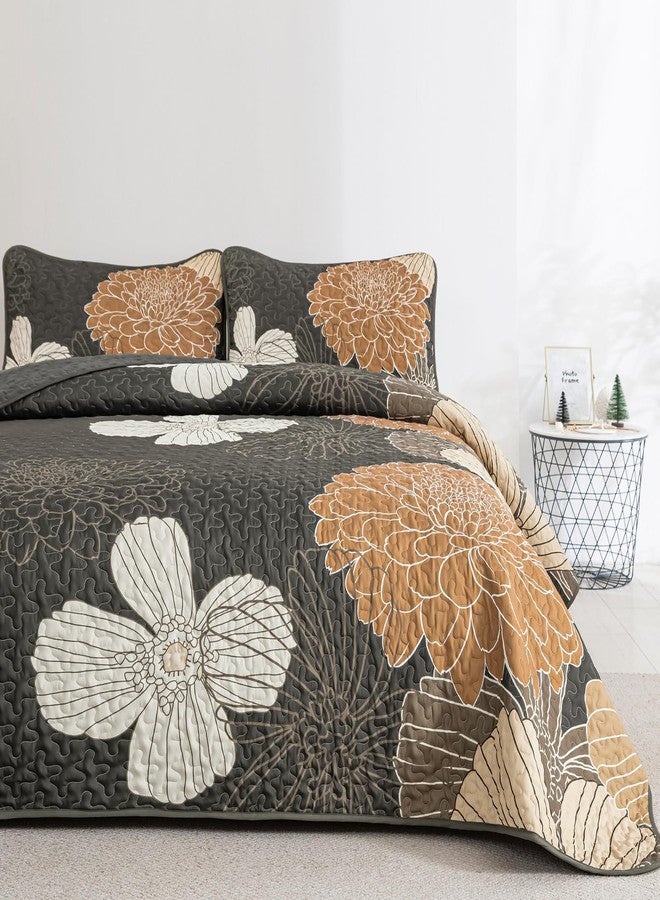 Anibedding 3 Pieces Floral Printed Quilts Set Queen Size, All Season Black Brown Lightweight Bedspread Sets with Shams for Bedroom - Image 2