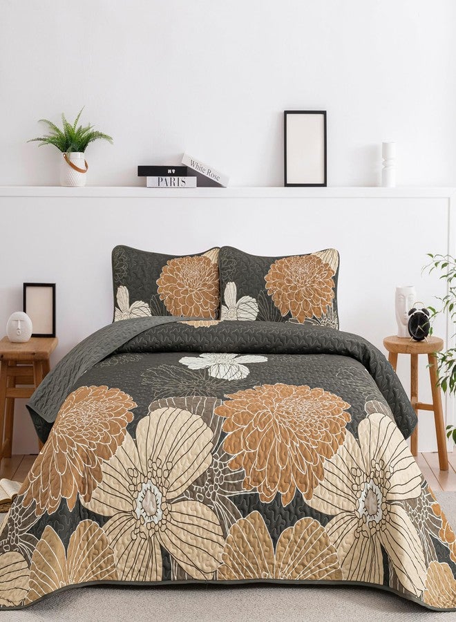 Anibedding 3 Pieces Floral Printed Quilts Set Queen Size, All Season Black Brown Lightweight Bedspread Sets with Shams for Bedroom - Image 1