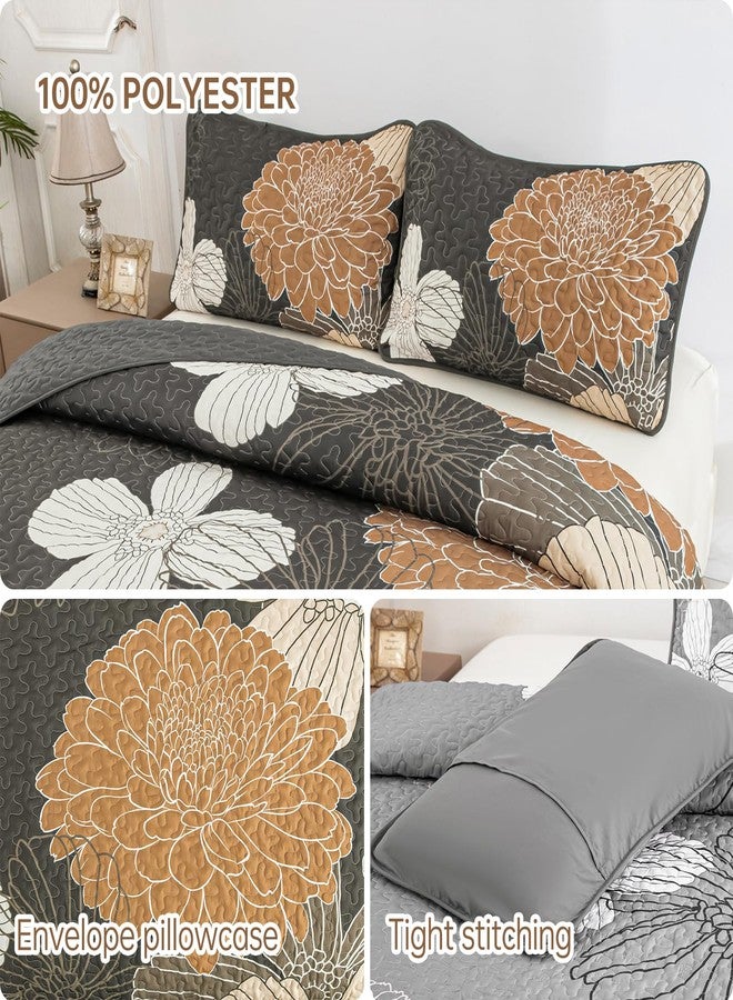 Anibedding 3 Pieces Floral Printed Quilts Set Queen Size, All Season Black Brown Lightweight Bedspread Sets with Shams for Bedroom - Image 5