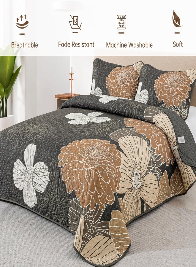 Anibedding 3 Pieces Floral Printed Quilts Set Queen Size, All Season Black Brown Lightweight Bedspread Sets with Shams for Bedroom - Image 4