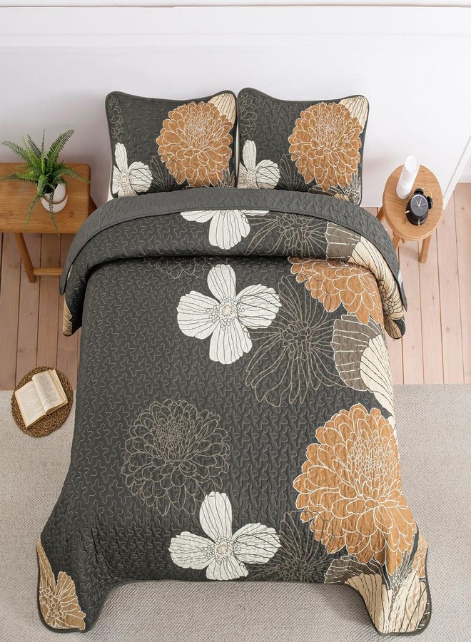 Anibedding 3 Pieces Floral Printed Quilts Set Queen Size, All Season Black Brown Lightweight Bedspread Sets with Shams for Bedroom - Image 3