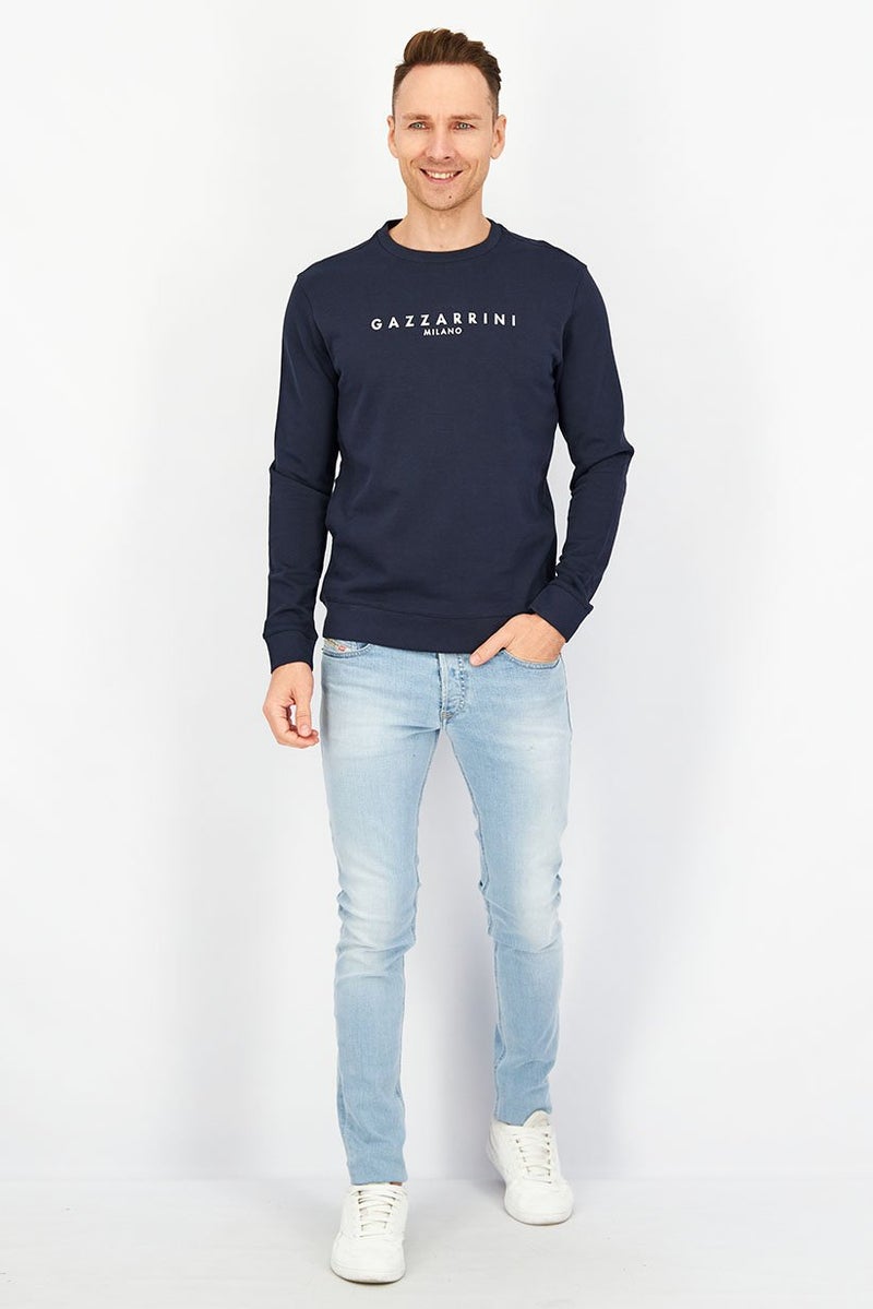 Gazzarrini Men Crew Neck Long Sleeve Solid Sweatshirt, Navy - Image 2