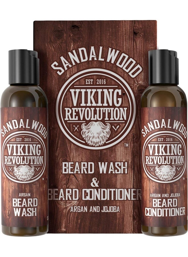 Viking Revolution Beard Wash & Beard Conditioner Set W/Argan & Jojoba Oils Softens & Strengthens Natural Sandalwood Scent Beard Shampoo W/Beard Oil (5Oz) - Image 1