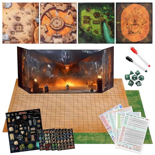 CZYY Foldable Battle Mat with DM Screen, Game Tokens, Dice Set, Markers - 2-Sided Wet & Dry Erase Terrain, Ultimate DND Starter Set, Accessories, Gift for Dungeon Master & Player - Image 1