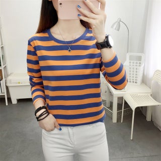 chubby girl plus size Loose Slimming Cotton Long-sleeved T-shirt Womens Spring Striped 100.00kg Base Shirt Mother Clothes orange blue - pzsku/ZA4C1579BCB00795B2B81Z/45/1750434614/6f3dd923-be48-48b9-b90e-bdeace846308