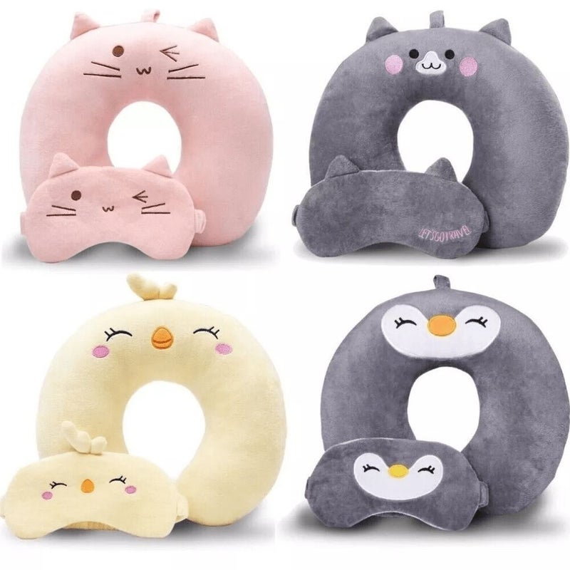 Yellow Cartoon Animal U Shaped Travel Pillow With Ergonomic Neck Support Eye Mask - Image 1