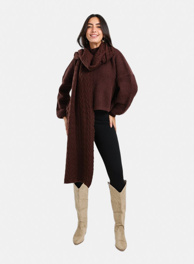 Carina Women’s Braided-Pattern Knitted Scarf – Dark Brown - Image 1