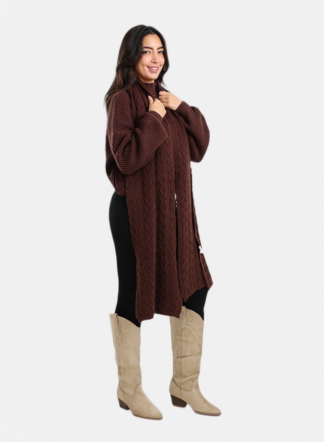Carina Women’s Braided-Pattern Knitted Scarf – Dark Brown - Image 2