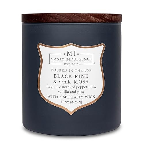 Manly Indulgence Black Pine Oakmoss Scented Candles for Men, 15 oz Wooden Wick, Premium Soy Blend Wax, 60H Burn, Candles for Home Scented - Made in The USA - Image 1