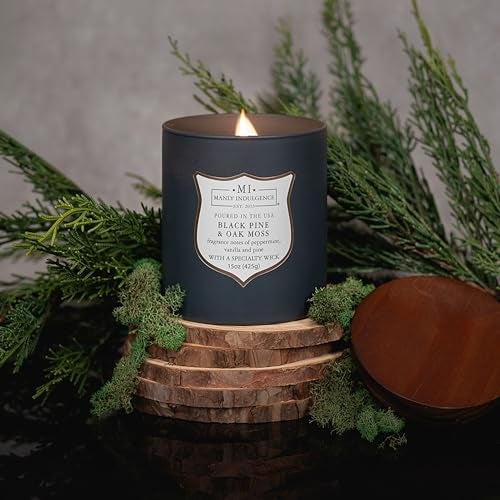 Manly Indulgence Black Pine Oakmoss Scented Candles for Men, 15 oz Wooden Wick, Premium Soy Blend Wax, 60H Burn, Candles for Home Scented - Made in The USA - Image 3