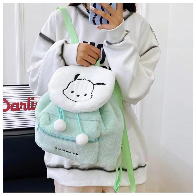 Japanese Style Cute Embroidered Kuromi Melody Plush Backpack Student Large Capacity Backpack Soft Girl School Bag Ins(Green, 29*27) - Image 1