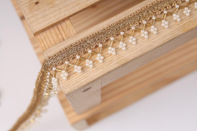 PREMDAS LACES PREMDAS LACE Indian Beaded Tassels Lace Trim for Dress Embellishments for Crafting, Sewing and Cloth Accessories 9meter (Pack of 1) (Gold and White) - Image 2