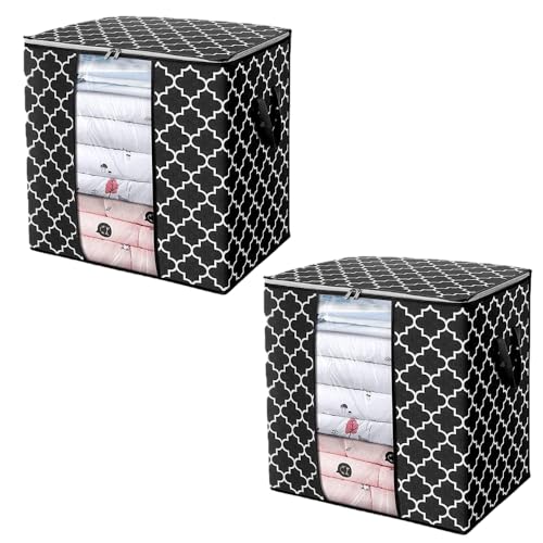KIKA HOMS Moroccon Print Storage Bags Large Blanket Clothes Organization and Storage Containers for Comforters,Bedding, Foldable Organizer with Reinforced Handle, Clear Window, [2x100L], Grey - Image 1