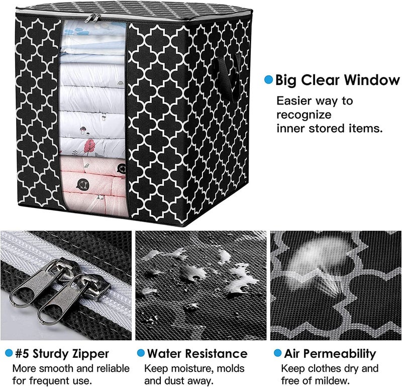KIKA HOMS Moroccon Print Storage Bags Large Blanket Clothes Organization and Storage Containers for Comforters,Bedding, Foldable Organizer with Reinforced Handle, Clear Window, [2x100L], Grey - Image 4