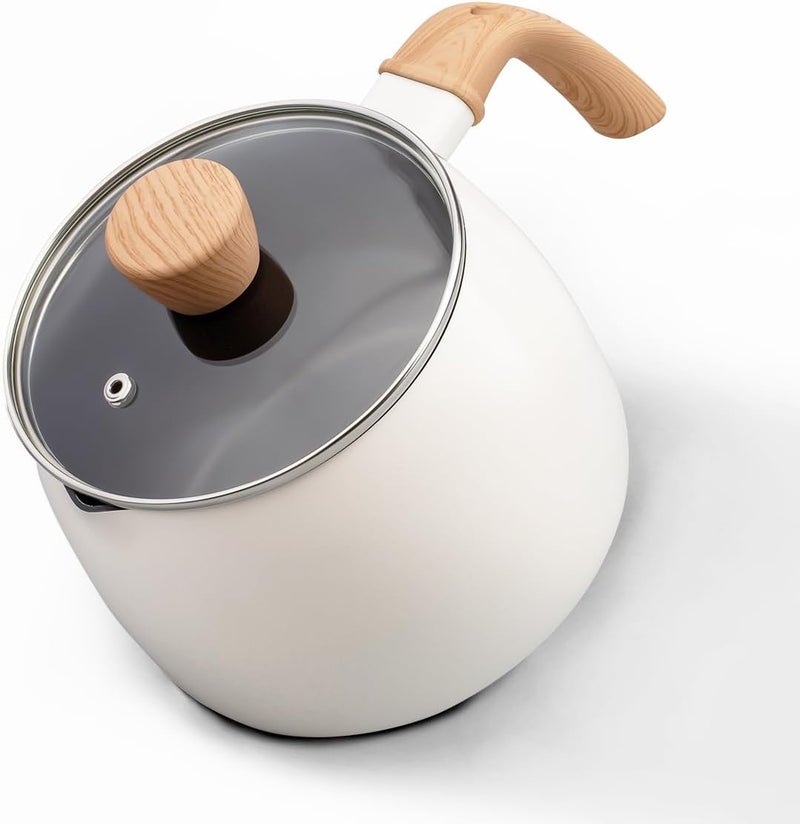 LISOS 2.5 Quart Non-stick Ceramic Sauce Pan with Lid, Small Milk Pots for Cooking with Pour Spout, Aluminum stock Pot Wood Handle for kitchen, PFAS-Free, White - Image 1