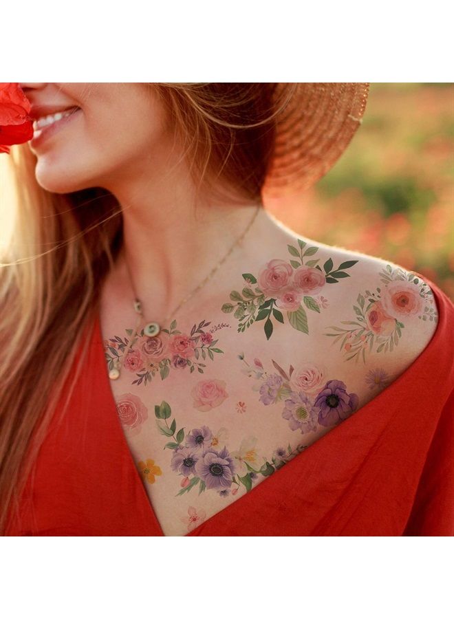 Everjoy Flowers Temporary Tattoos Stickers, Watercolor Roses, Peony, Daisy, Botanical Body Art Fake Tattoos for Women, Girls and Kids - 20 Pcs - Image 1