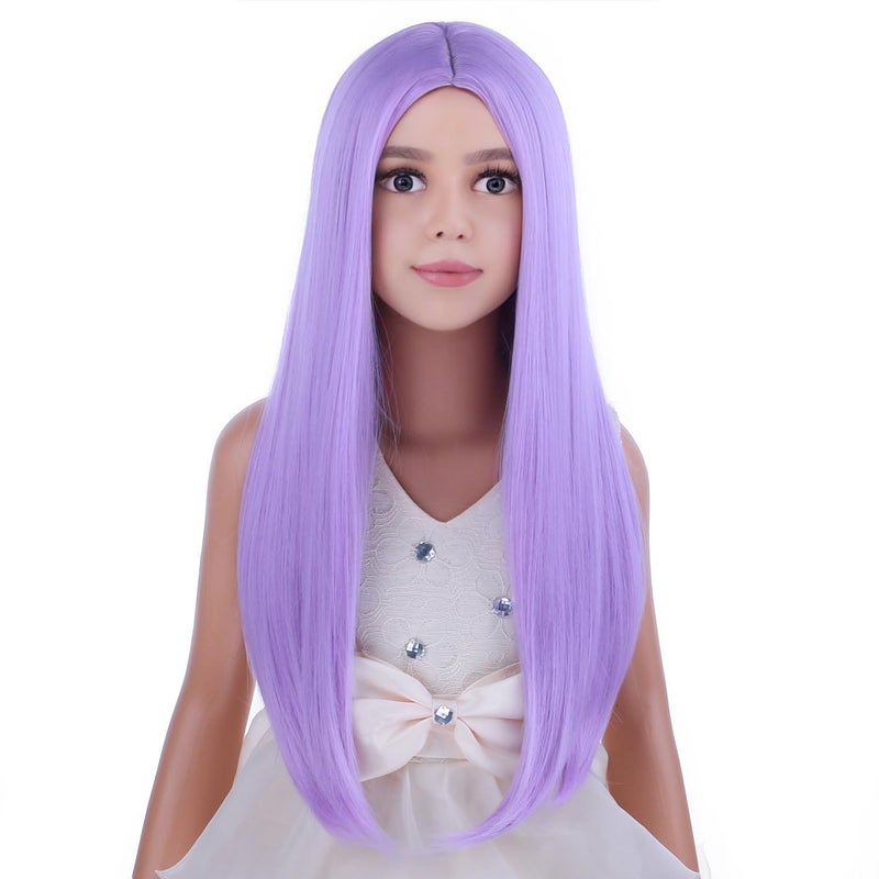 Kids Child Purple Wigs Lavender Purple Long Straight Wig for Girls Child Middle Part Colorful Synthetic Hair Wig