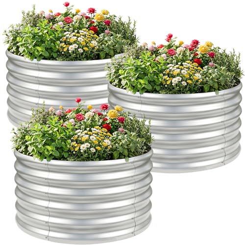 AHEONLAR 3PCS 2x2x2FT Galvanized Raised Garden Bed Kit Round Metal Flower Box Large Planter Raised Beds Outdoor Garden for Planting,Fruit,Herb Silver - Image 1