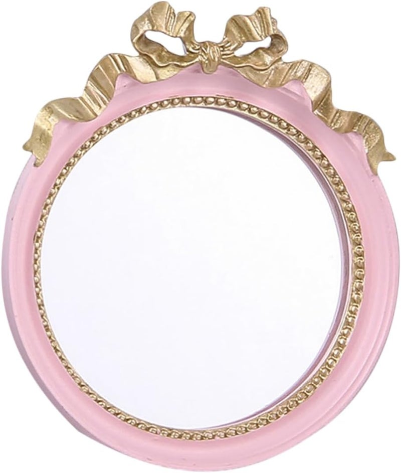 Portable Round Single Sided Makeup Mirror with Resin Frame and Elegant Bowknot Design Compact Space Saving Vanity Mirror for Women in Colors - Image 1