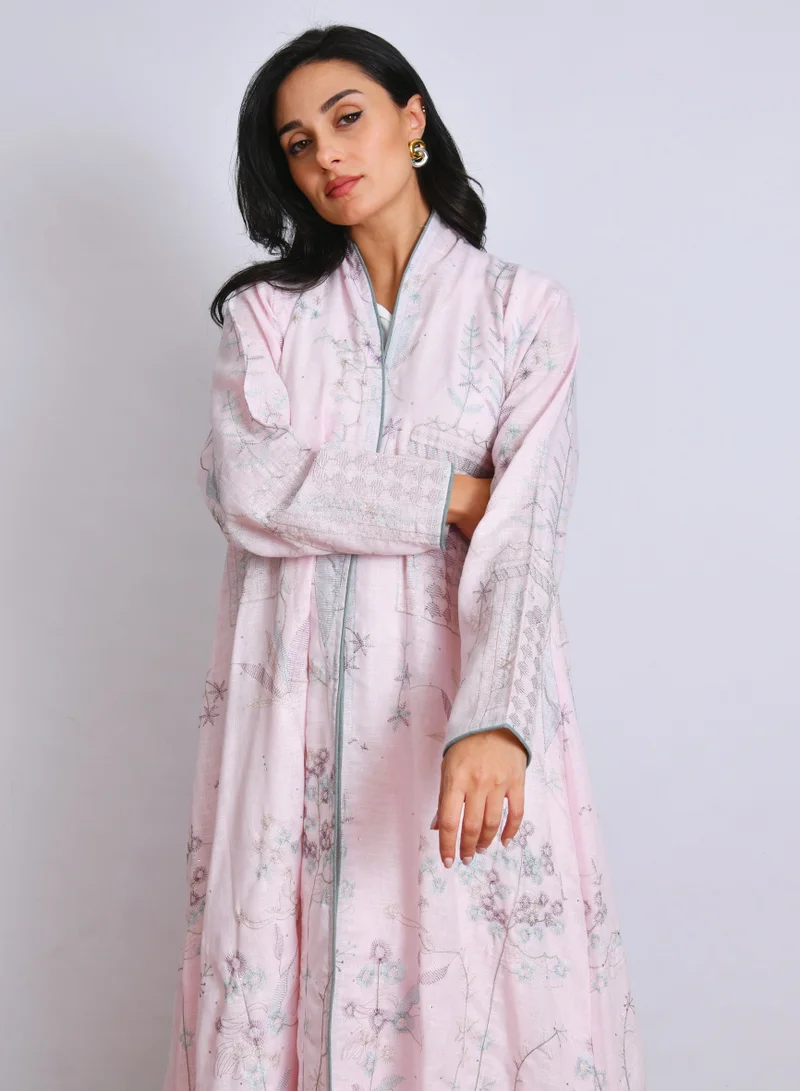 HAWRAA ABAYA Pink quarter-flare abaya with embroidery across the entire piece