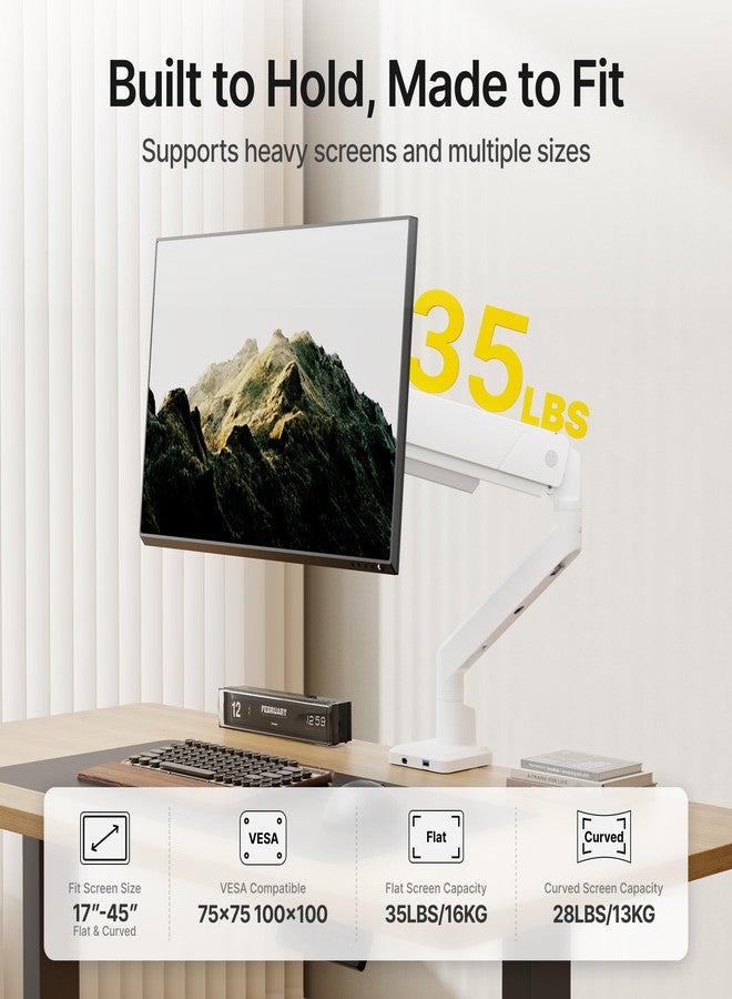 monTEK Single Monitor Arm for Max 45 Inch Ultrawide Screens Adjustable Monitor Desk Mount Holds 35 Lbs Cable Management with C Clamp/Grommet Desk Mount, VESA 75/100mm, MA1007UCWH - Image 2
