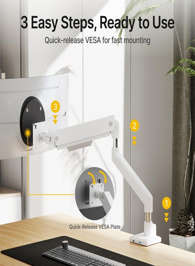 monTEK Single Monitor Arm for Max 45 Inch Ultrawide Screens Adjustable Monitor Desk Mount Holds 35 Lbs Cable Management with C Clamp/Grommet Desk Mount, VESA 75/100mm, MA1007UCWH - Image 3