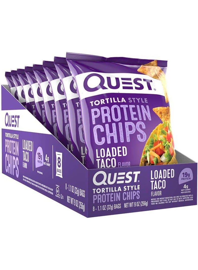 Quest Nutrition Tortilla Style Protein Chips, Loaded Taco, High Protein 19g, Low Carb 4g Net Carbs, Keto Friendly, Gluten Free, Baked Not Fried Healthy Snack Chips, 1.1 oz Bags (Pack of 8) - Image 1