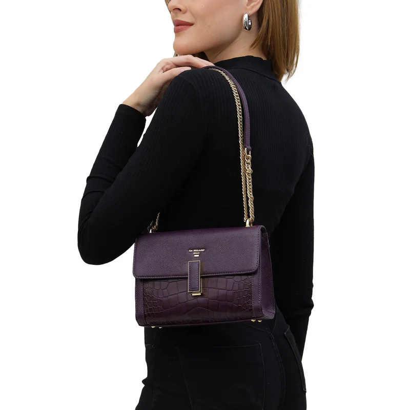 Small Franzy Croco Leather Shoulder Bag - Grapevine