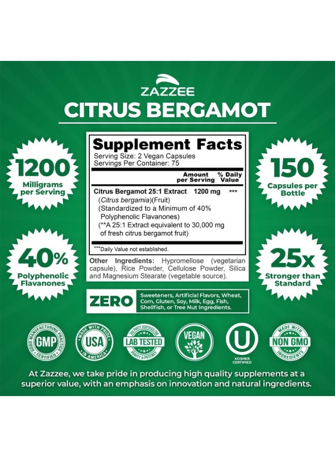Zazzee Citrus Bergamot 25:1 Extract, 1200 mg Per Serving, 150 Capsules - Image 1