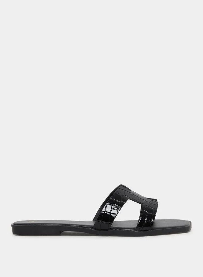 Black Textured Strap Flat Sandals