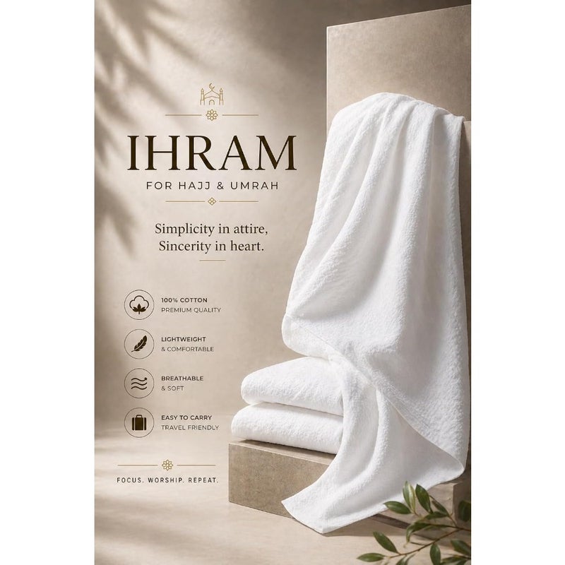 Ihram for Hajj Umrah, White, 100 Cotton Microfibre, Lightweight, Quick-Drying, Non-Sewn, 2 Piece Set - Image 4