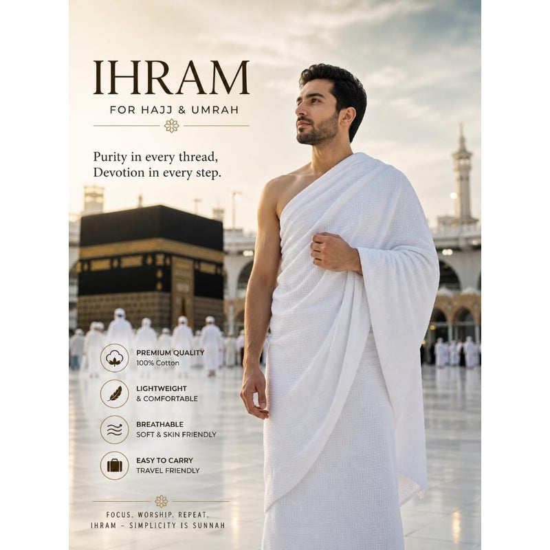 Ihram for Hajj Umrah, White, 100 Cotton Microfibre, Lightweight, Quick-Drying, Non-Sewn, 2 Piece Set - Image 2