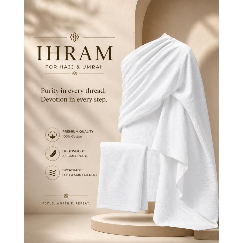 Ihram for Hajj Umrah, White, 100 Cotton Microfibre, Lightweight, Quick-Drying, Non-Sewn, 2 Piece Set - Image 3