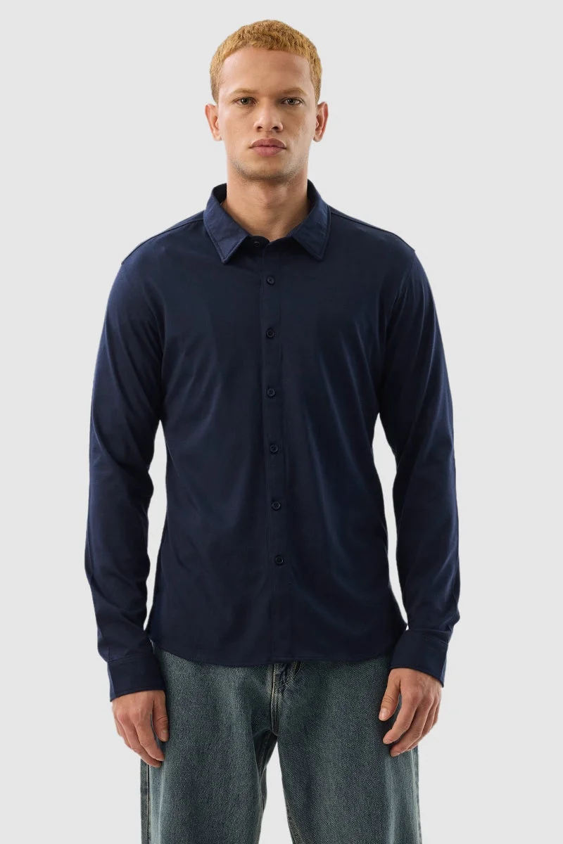 SNITCH Navy Solid Long Sleeve Slim Fit Shirt