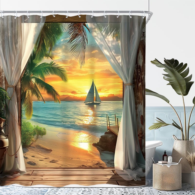 Riyidecor Beach Shower Curtain 60Wx72H Inch Beachy Seaside Ocean Sea Coastal Hawaiian Sunset Tropical Palm Tree Scenery Barn Door Summer Bathroom Decor Fabric Polyester Waterproof 12 Pack Hooks - Image 1