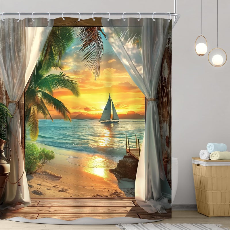 Riyidecor Beach Shower Curtain 60Wx72H Inch Beachy Seaside Ocean Sea Coastal Hawaiian Sunset Tropical Palm Tree Scenery Barn Door Summer Bathroom Decor Fabric Polyester Waterproof 12 Pack Hooks - Image 2