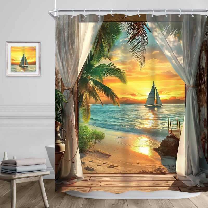 Riyidecor Beach Shower Curtain 60Wx72H Inch Beachy Seaside Ocean Sea Coastal Hawaiian Sunset Tropical Palm Tree Scenery Barn Door Summer Bathroom Decor Fabric Polyester Waterproof 12 Pack Hooks - Image 3