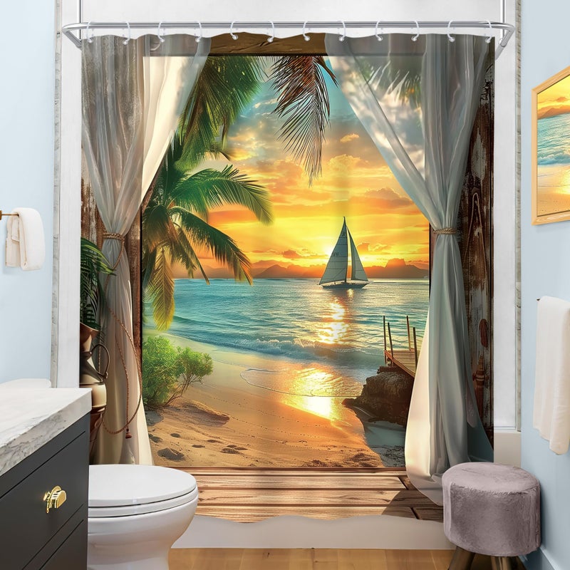 Riyidecor Beach Shower Curtain 60Wx72H Inch Beachy Seaside Ocean Sea Coastal Hawaiian Sunset Tropical Palm Tree Scenery Barn Door Summer Bathroom Decor Fabric Polyester Waterproof 12 Pack Hooks - Image 4