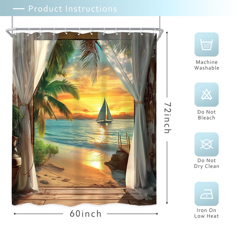 Riyidecor Beach Shower Curtain 60Wx72H Inch Beachy Seaside Ocean Sea Coastal Hawaiian Sunset Tropical Palm Tree Scenery Barn Door Summer Bathroom Decor Fabric Polyester Waterproof 12 Pack Hooks - Image 5