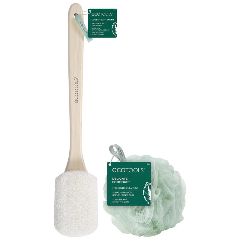 EcoTools Loofah Bath Brush with Long, Ergonomic Bamboo Handle + Green Delicate EcoPouf Made with Recycled Netting for Cleansing & Exfoliating Sensitive Skin, Self-Care Gifts - Image 1