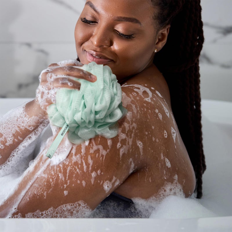 EcoTools Loofah Bath Brush with Long, Ergonomic Bamboo Handle + Green Delicate EcoPouf Made with Recycled Netting for Cleansing & Exfoliating Sensitive Skin, Self-Care Gifts - Image 3