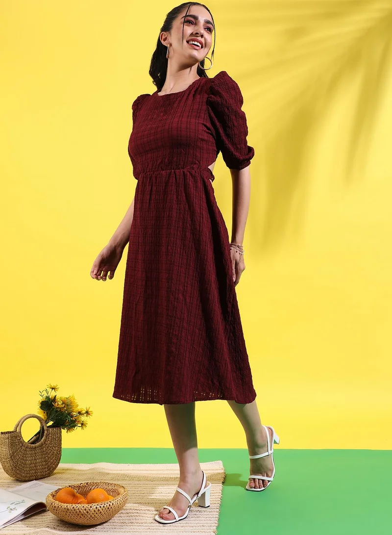 Campus Sutra Burgundy Puff Sleeve Dress