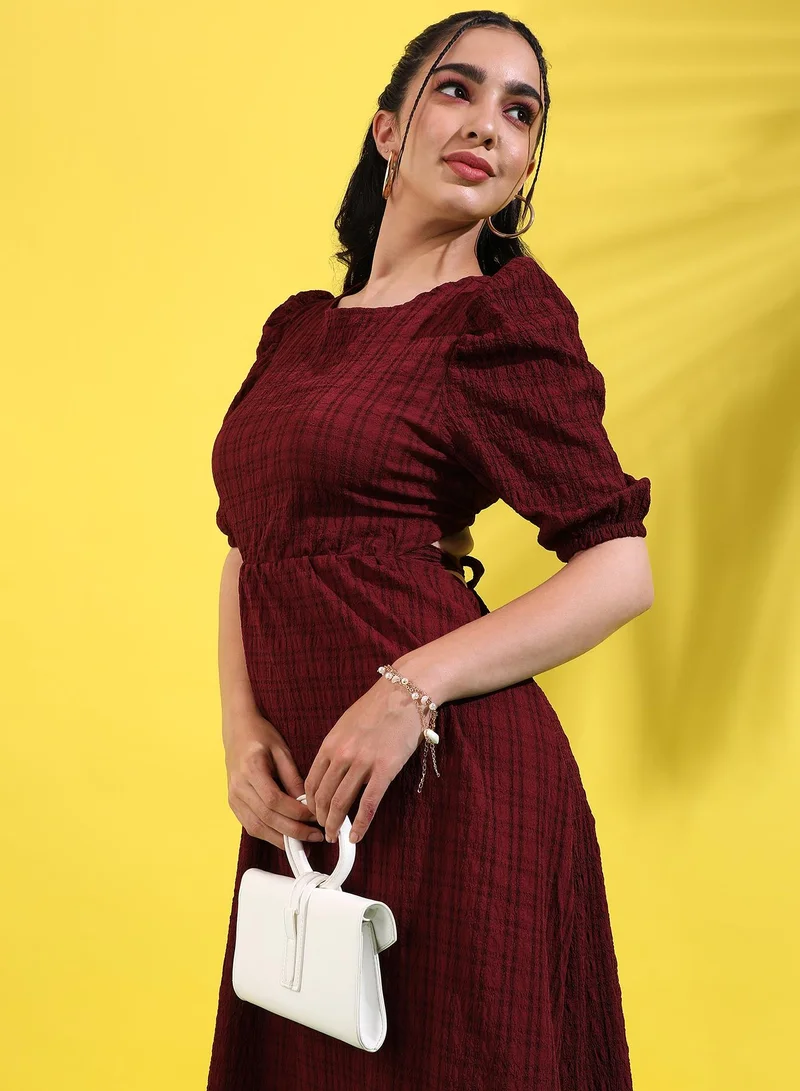 Campus Sutra Burgundy Puff Sleeve Dress
