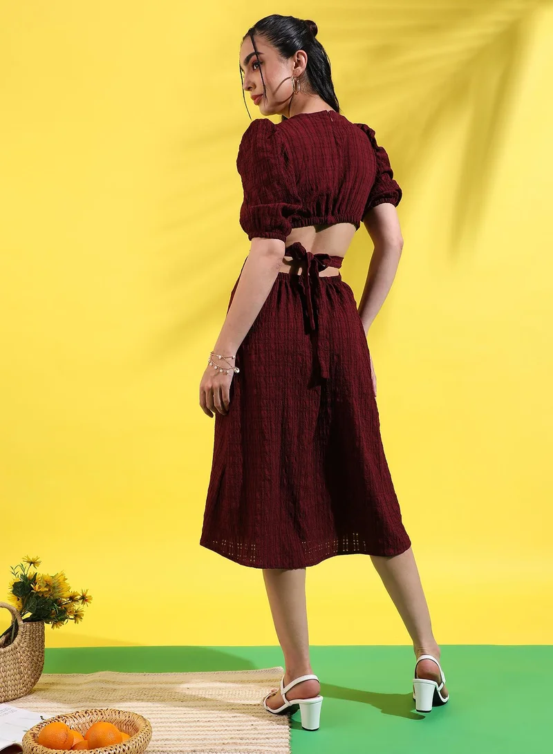 Campus Sutra Burgundy Puff Sleeve Dress