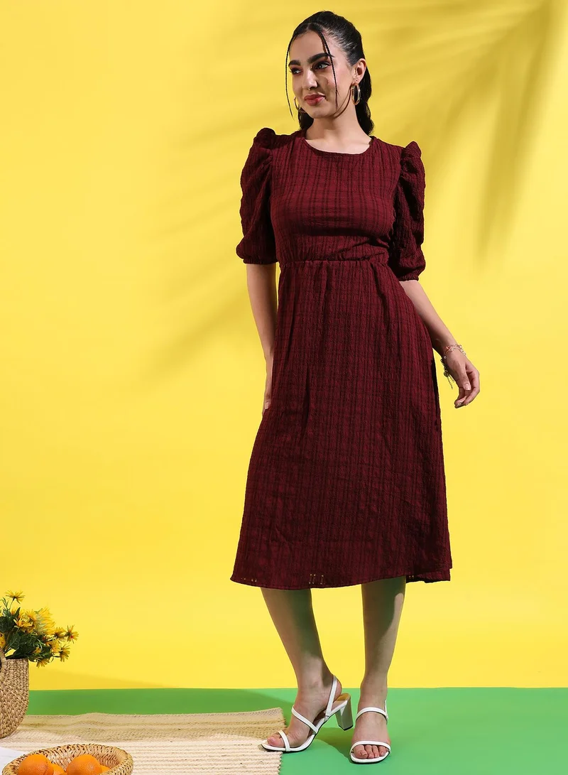 Campus Sutra Burgundy Puff Sleeve Dress